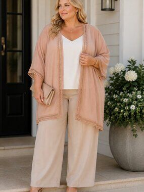 SHEIN Curve Tan Lace Trim Cape Kimono Women's 2XL Plus Size Boho Duster NWOT